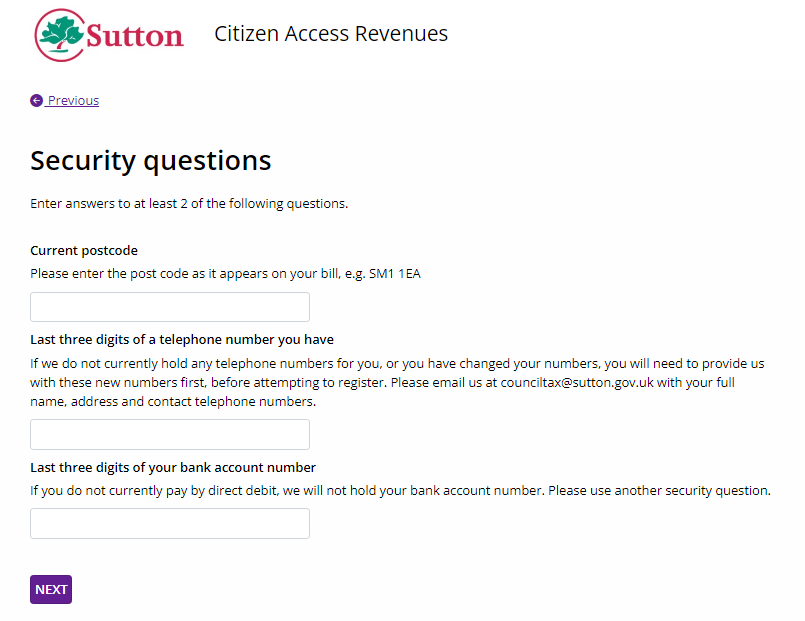 Image of security question page.