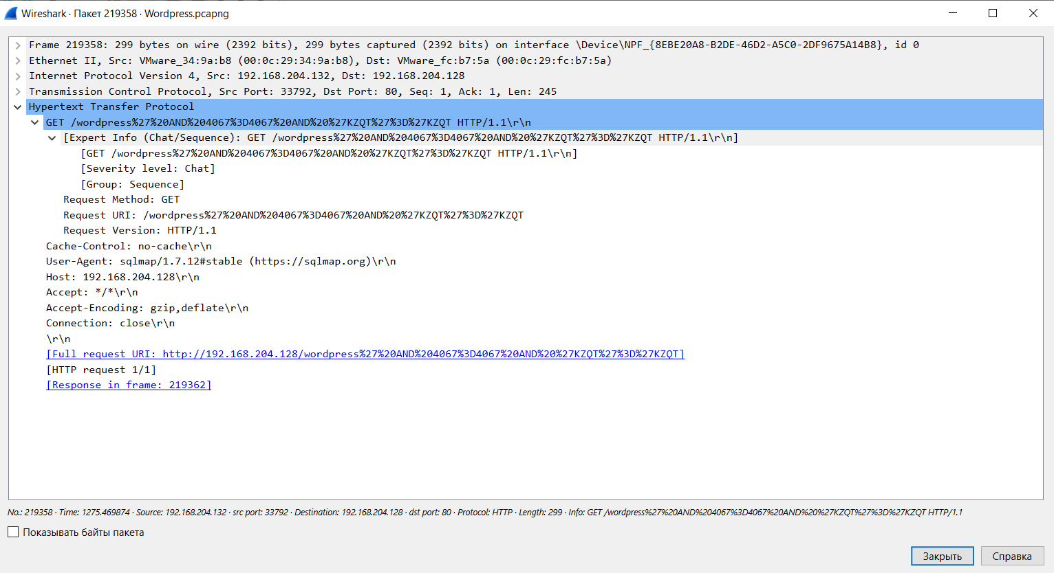 Содержание файла WordPress.pcapng в Wireshark.