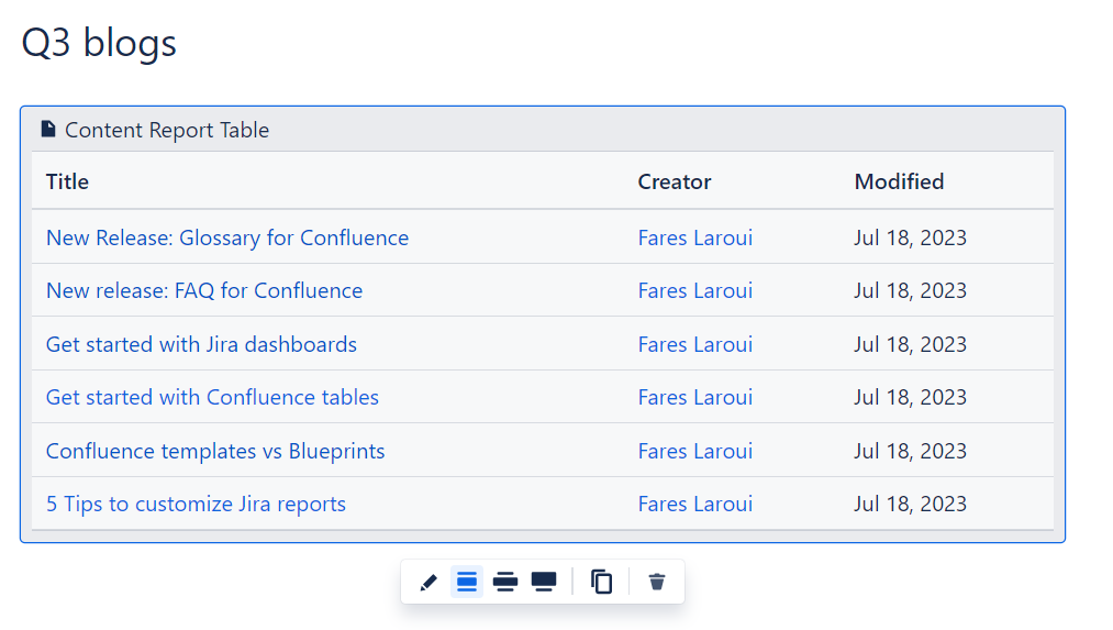 Content report macro in confluence page