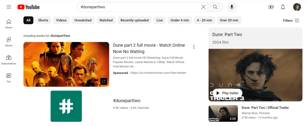 Hashtag #duneparttwo on YouTube