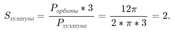 S_{хулахупа} = \dfrac{ P_{орбиты} * 3 }{ P_{хулахупа} } = \dfrac{ 12\pi }{ 2* \pi * 3 } = 2.