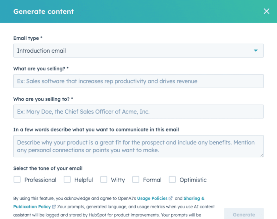 HubSpot’s KI E-Mail Writer Screenshot