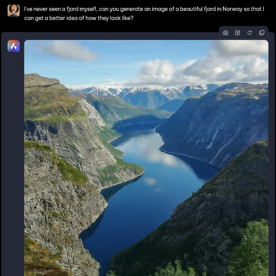 Aria can generate images based on the text prompts given to it. In this case, it generates an image of a Fjord.