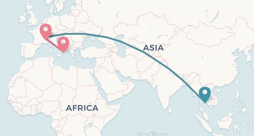 Map with distance for Paris-Sicily and Paris-Bangkok