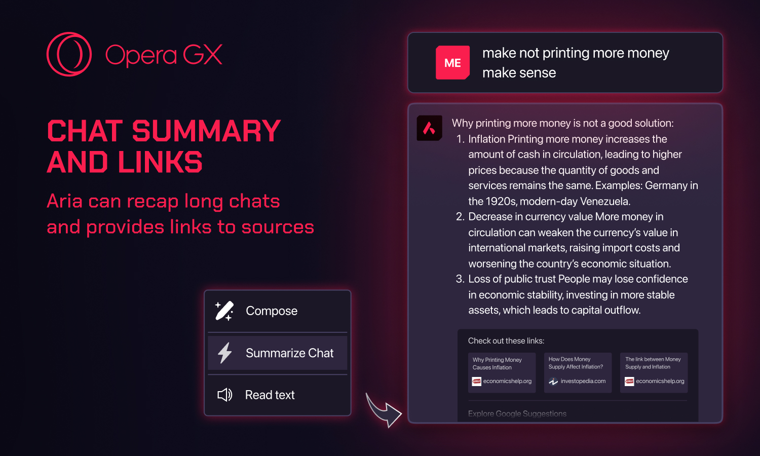 Chat summary and links to sources are being introduced to Aria in Opera GX.