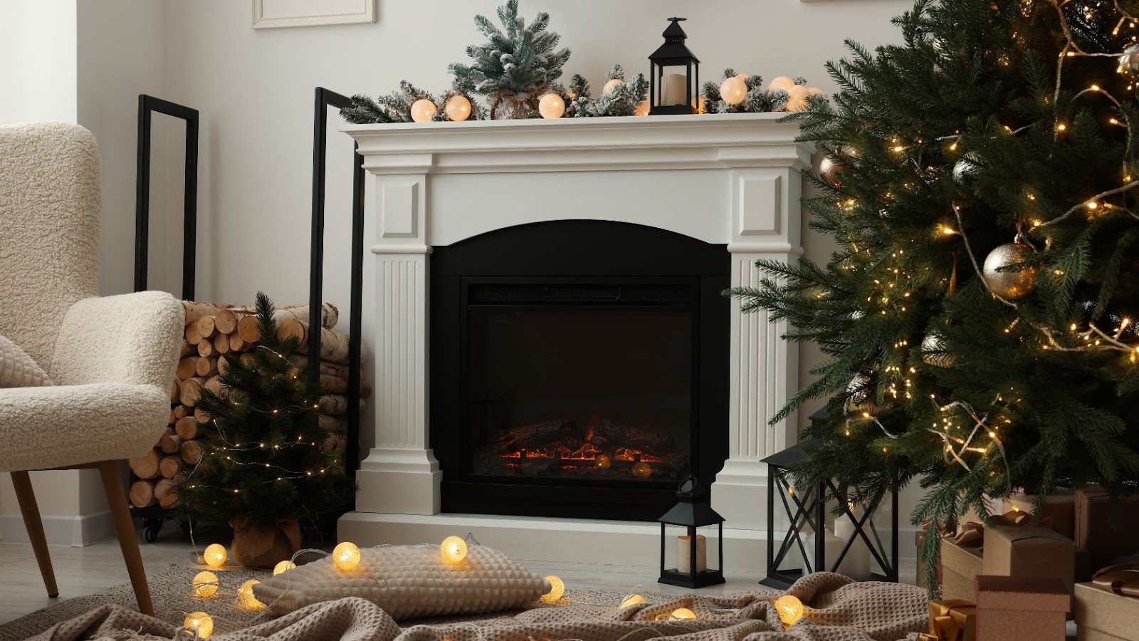 A built-in fireplace that adds a cozy feeling to a basement.