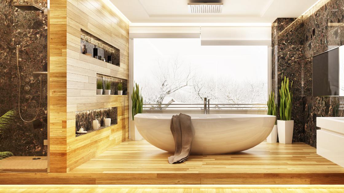 A vibrant bathroom design with a rustic, wooden look.