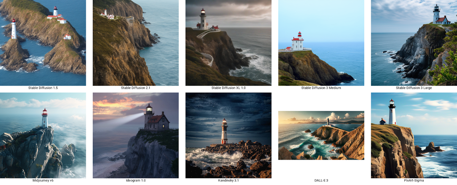 Генерации различных нейросетей по завросу «lighthouse on a cliff overlooking the ocean».