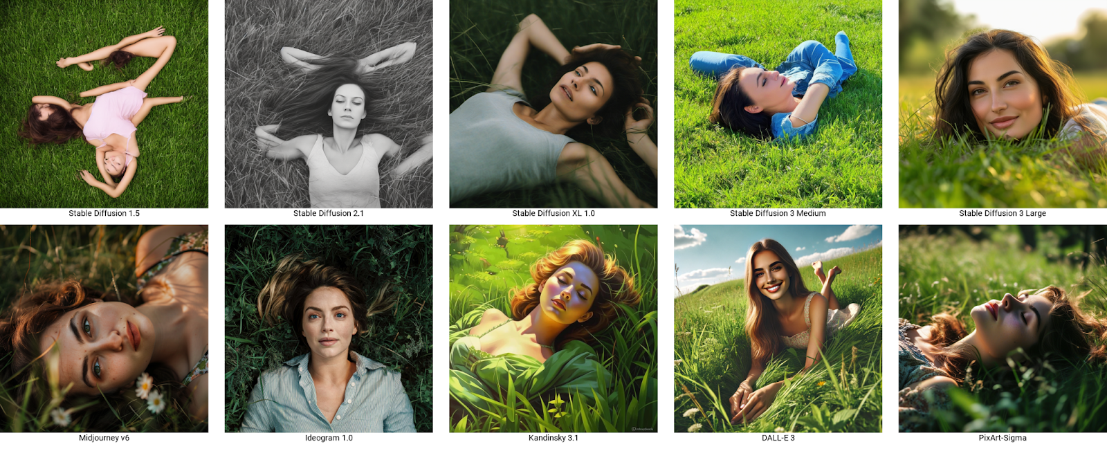 Генерации различных нейросетей по запросу «photo of a woman lying in the grass, best quality».