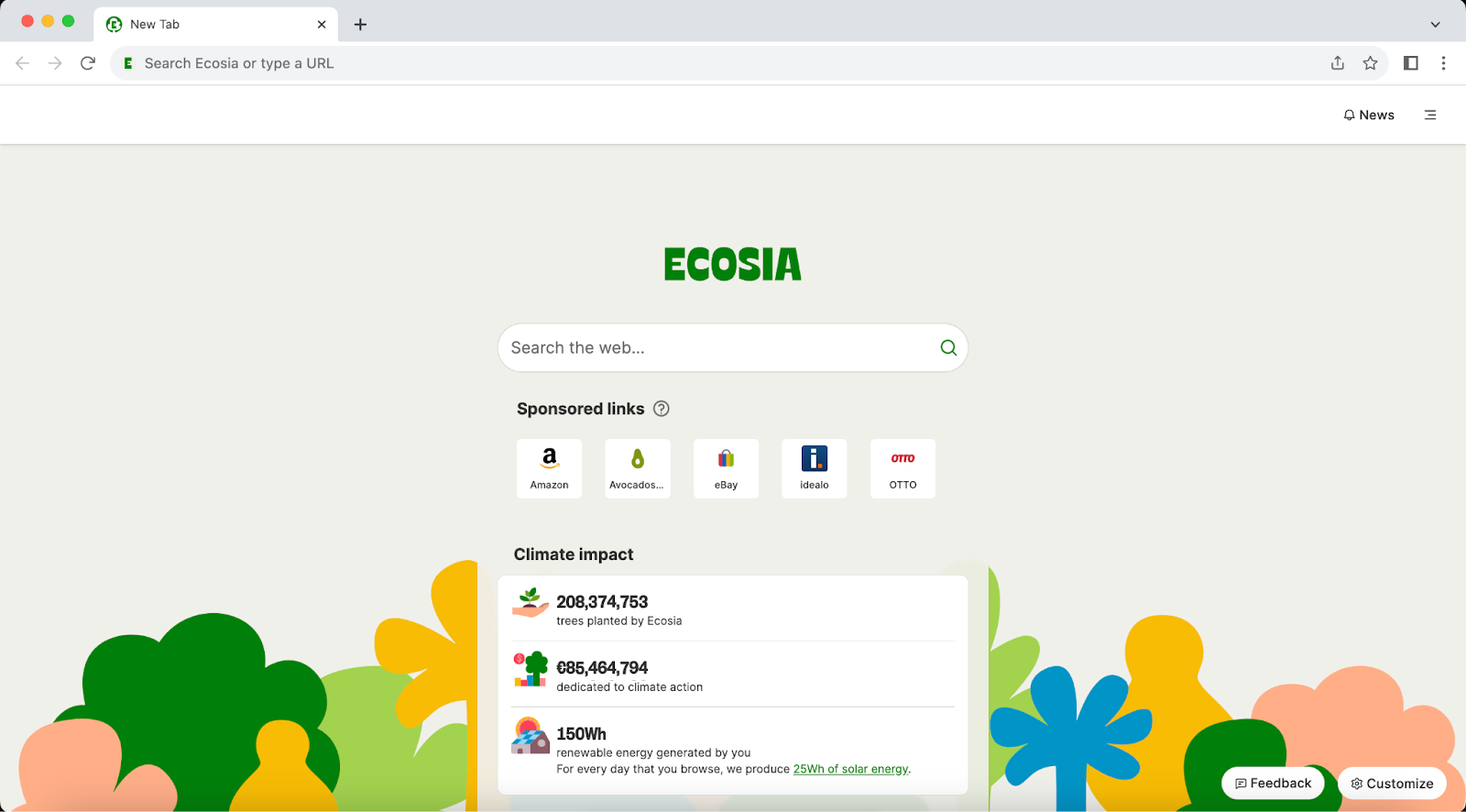 Screenshot of Ecosia New tab page, where one can see the setup, including 6 sponsored links pages like Amazon, Patagonia, and more. 