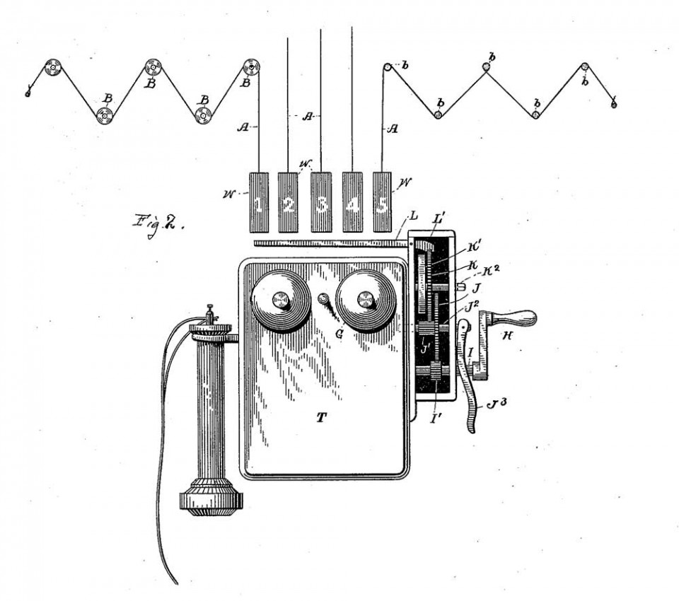 Патент на механическую пожарную сигнализацию на несколько «шлейфов». США, 1886 год.