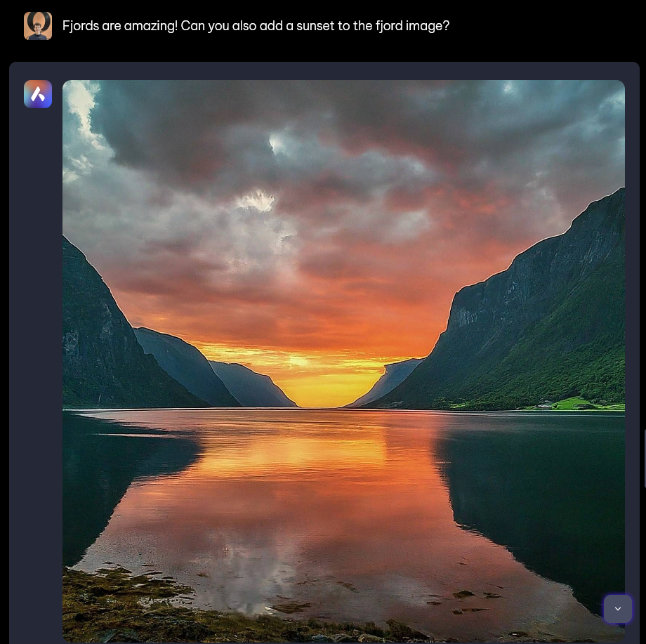 You alter the image provided, in this case the user asks to add a sunset to the image and Aria generates an image of a Fjord with a sunset. 