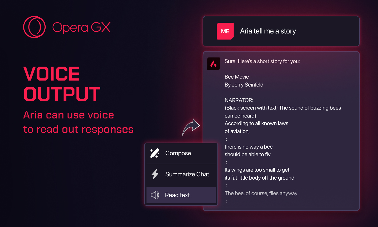 Voice output is being introduced to Aria in Opera GX.