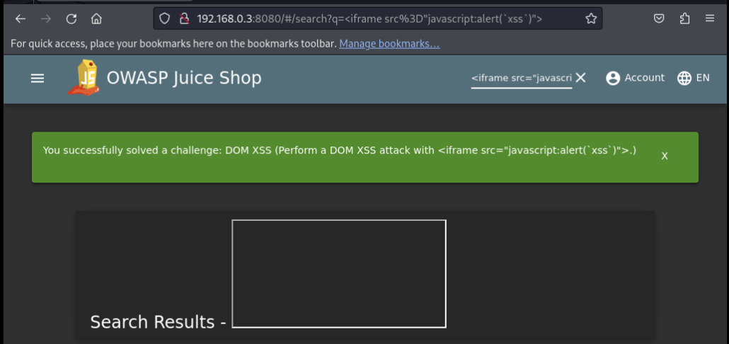 OWASP Juice Shop, реакция на DOM XSS.