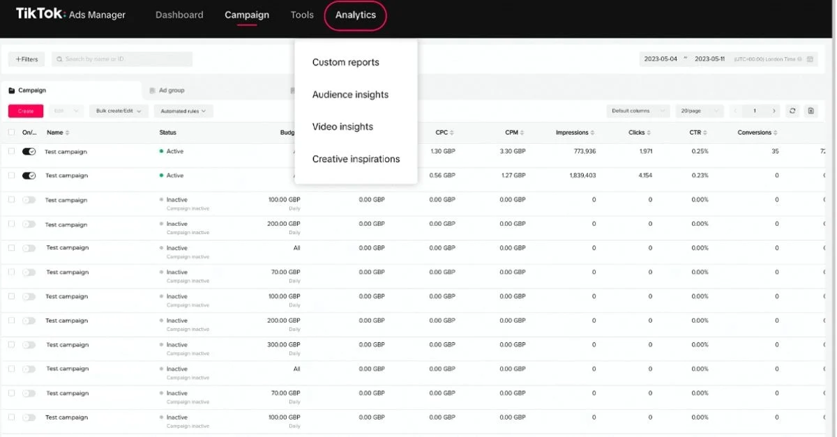 A screenshot of the TikTok ads platform analytics tool