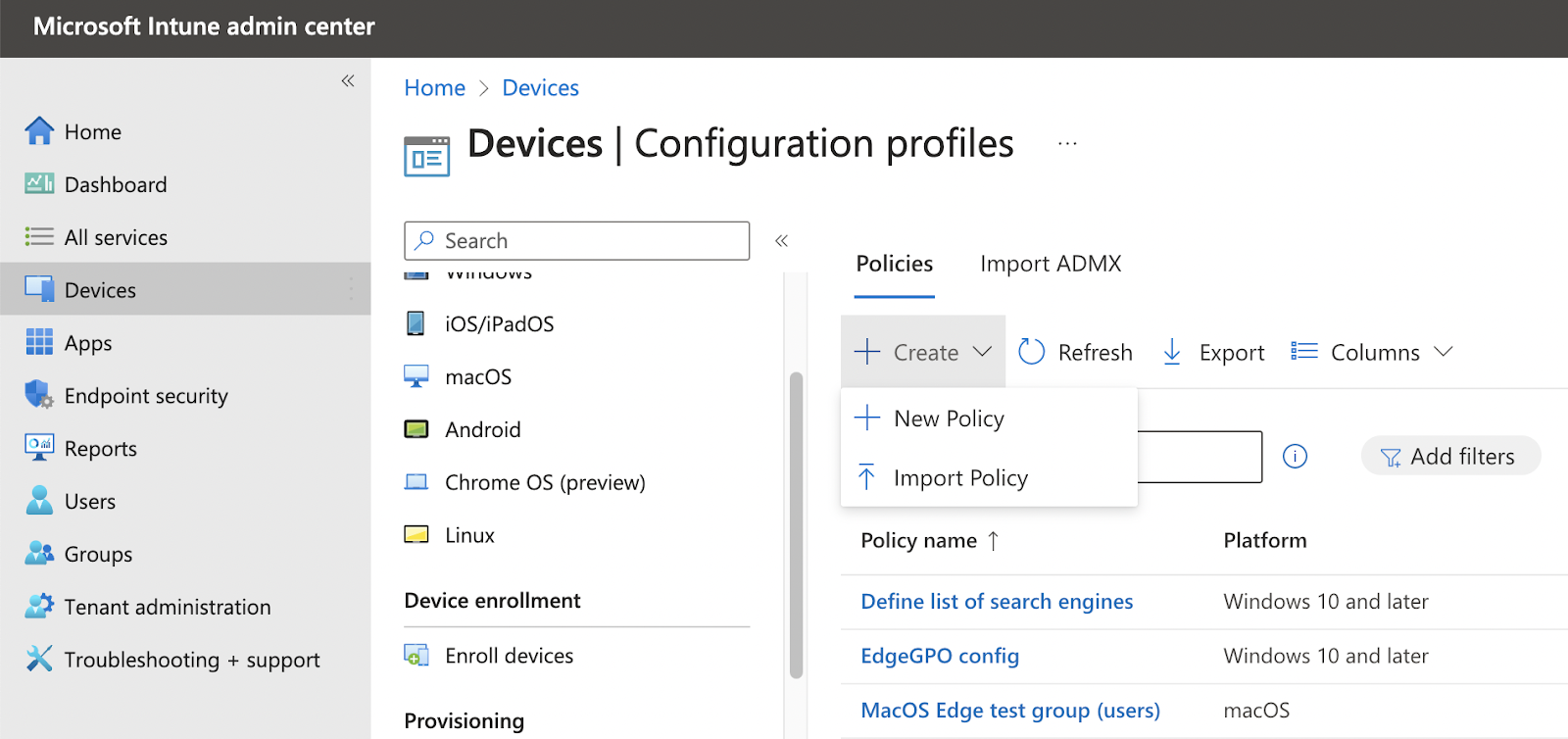 Screenshot Microsoft Intune admin center
