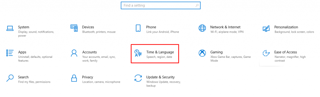 La opción Hora e idioma del menú de configuración de Windows

