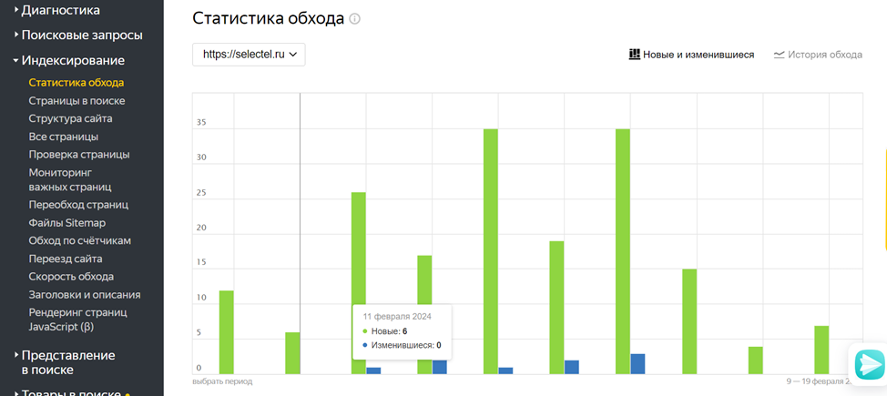Статистика обхода на сайте selectel.ru.