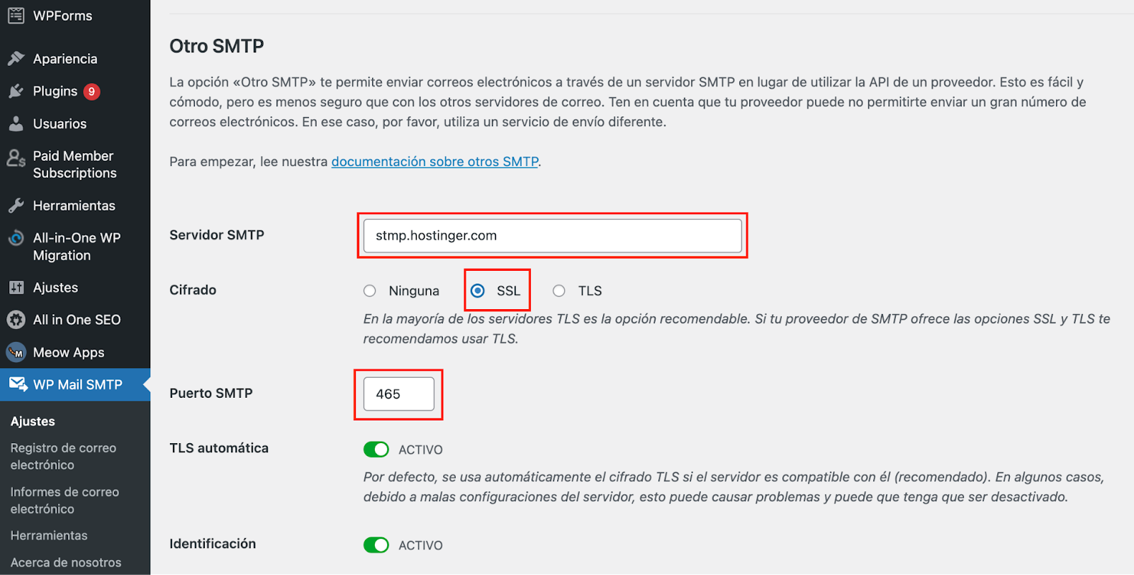 Configuración Otro SMTP de WordPress