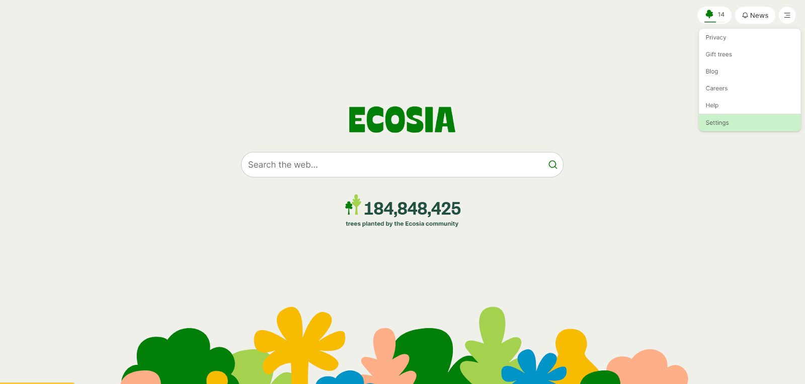 Image showing how to access Settings on the generic Ecosia homepage on desktop
