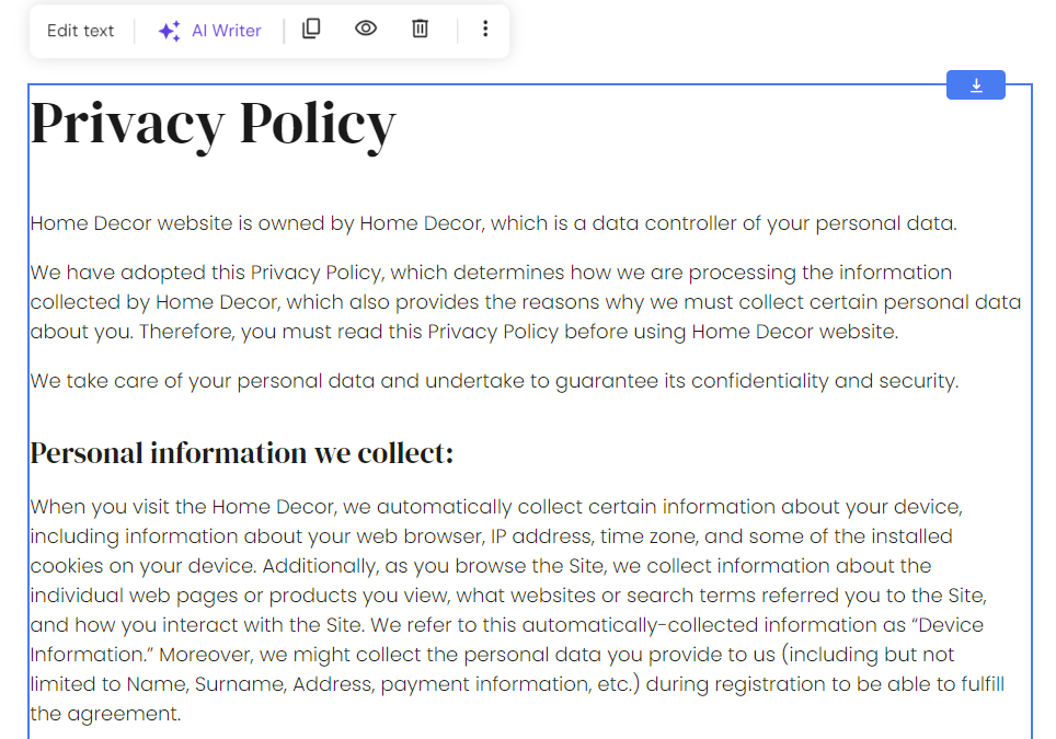 The AI-generated Privacy Policy page in Hostinger Website Builder
