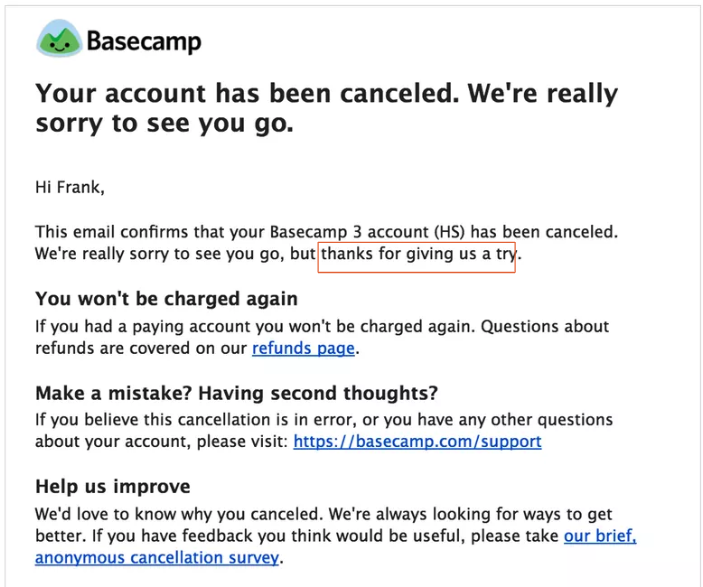 Et skjermbilde fra basecamp som viser en personlig melding etter avsluttet abonnement.