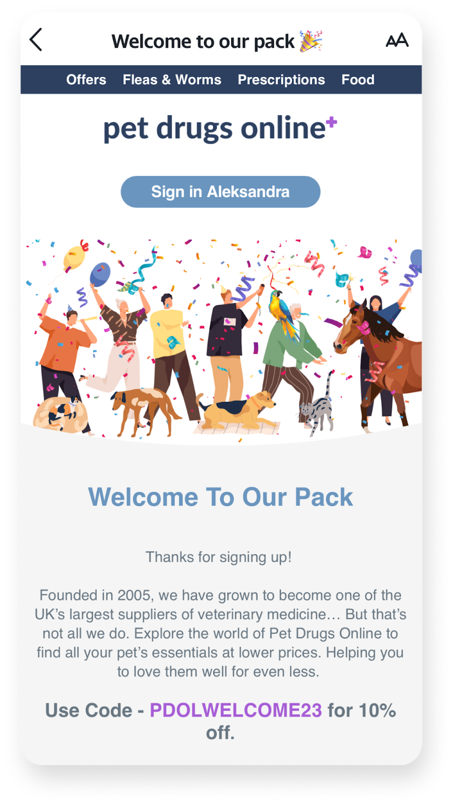 pet drugs online welcome email