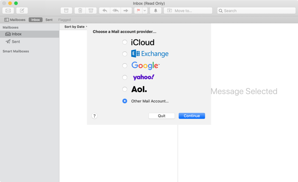 Elegir la opción "Otra cuenta de correo" en Apple Mail