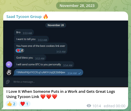 Publication in the Tycoon 2FA Telegram channel mentioning a Bitcoin address, allegedly belonging to “Saad Tycoon Group”