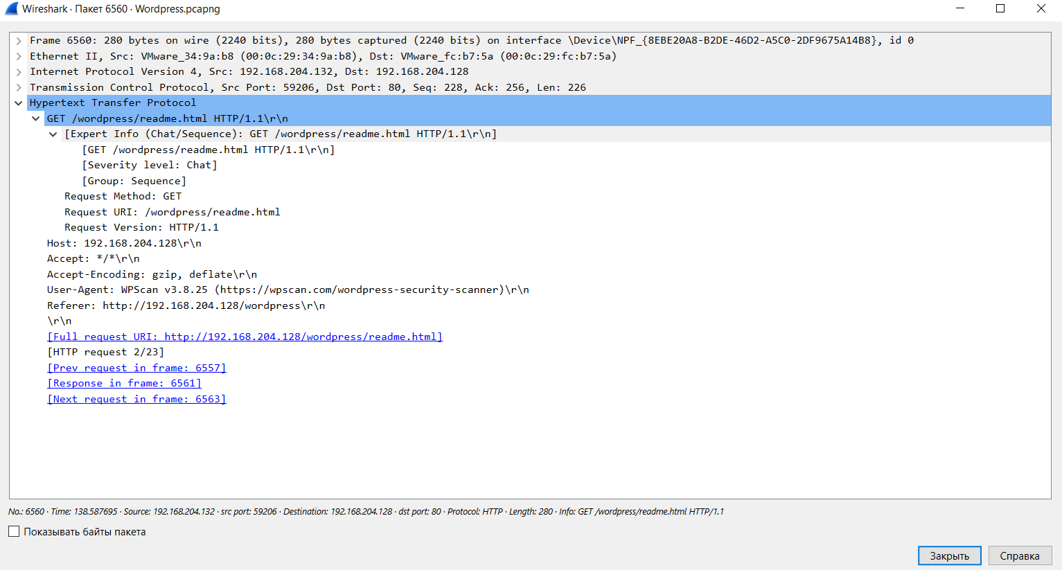 Содержание файла WordPress.pcapng в Wireshark.