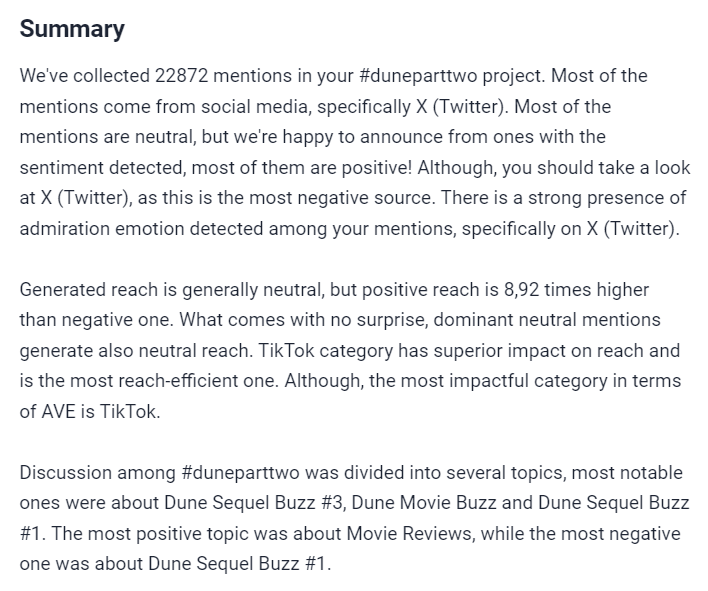Summary of Metrics Analysis in AI-powered social media monitoring tool Brand24
