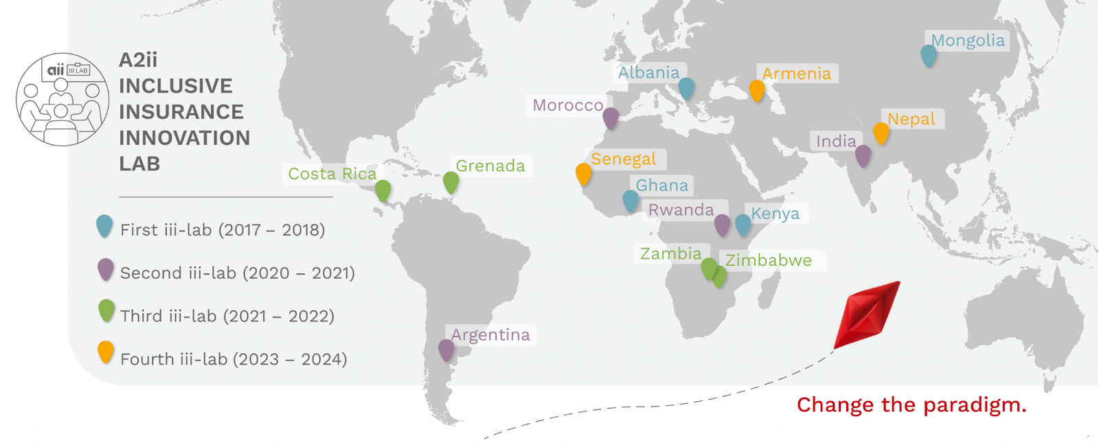 A map highlighting the countries that have participated in iii-labs so far.