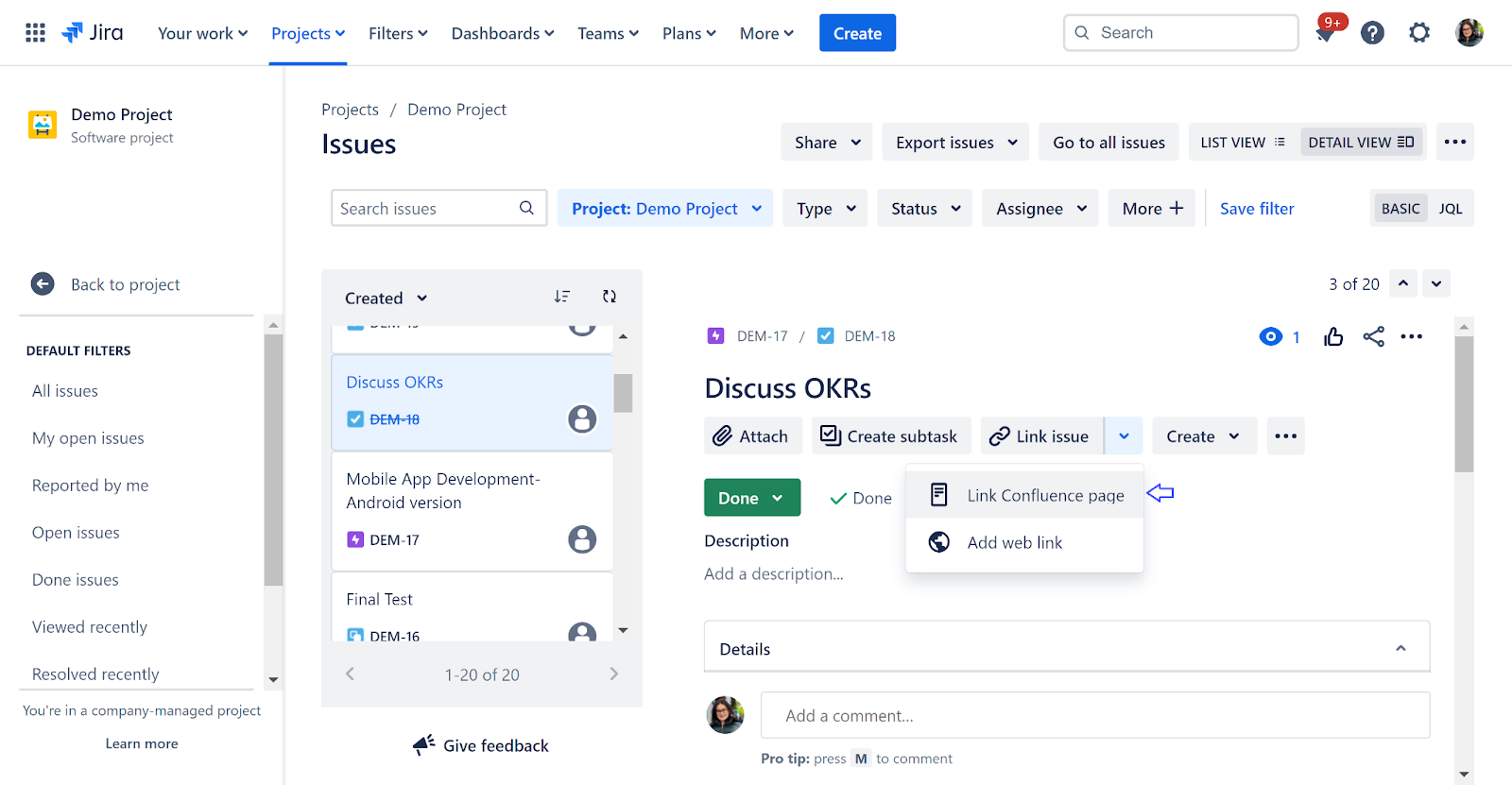 Link Confluence page to jira issue