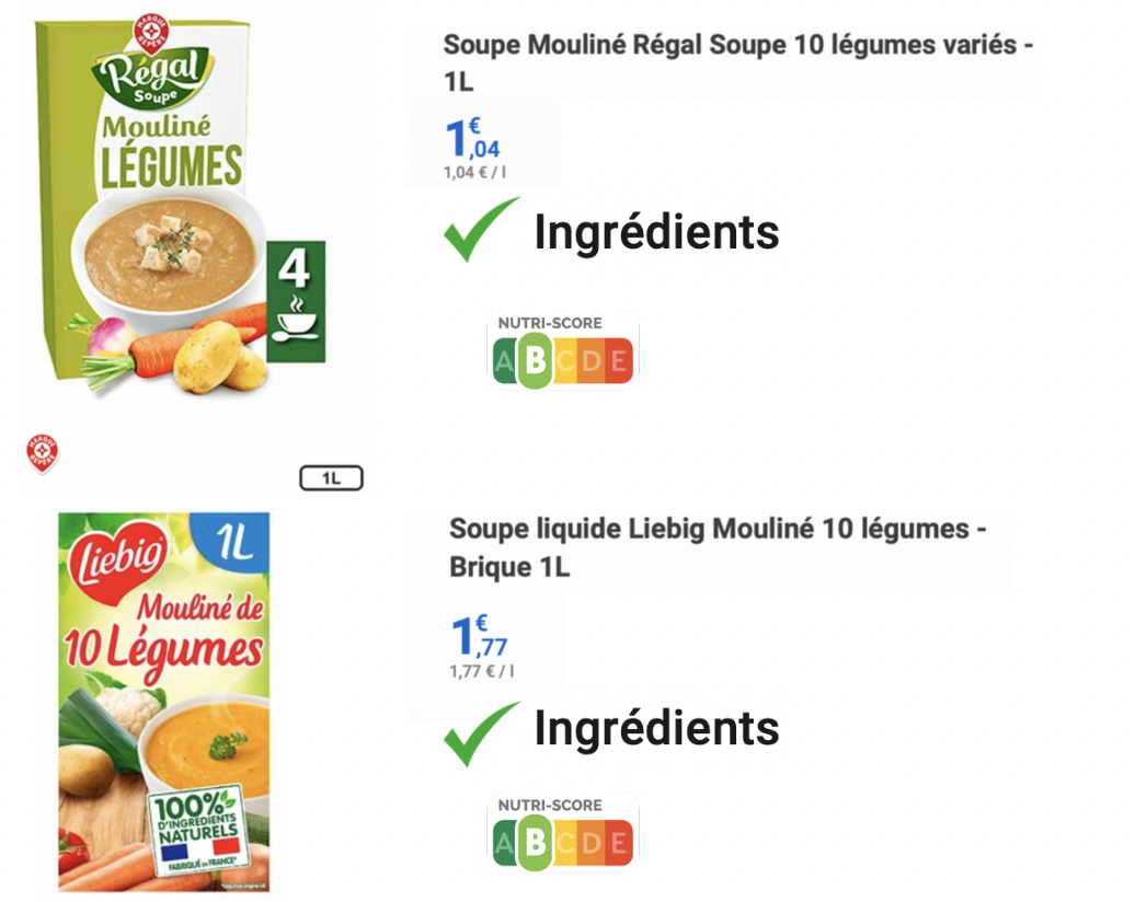 Capture des produits similaire, ici des soupes de légumes de marque nationale et de MDD vendues à des prix différents, passant du simple au double. Mise en avant des attributs/caractériques identique 