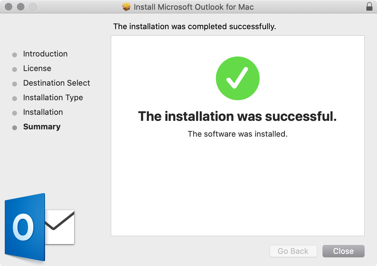 Instalación de Outlook finalizada en macOS