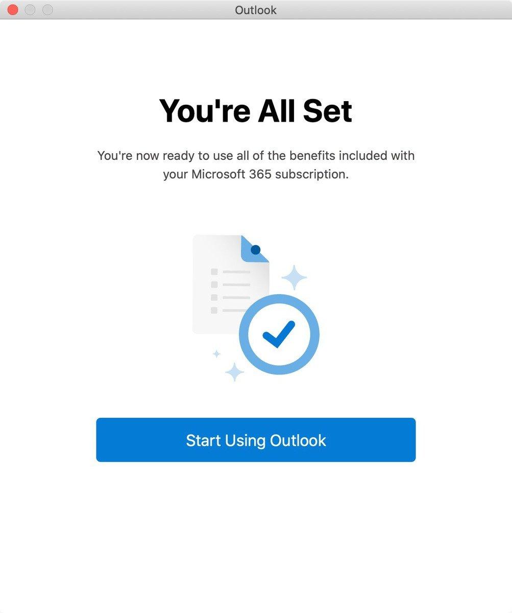 Mensaje "You're All Set" en Outlook en macOS
