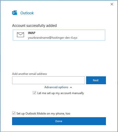 Mensaje "Cuenta añadida correctamente" en Outlook en Windows.