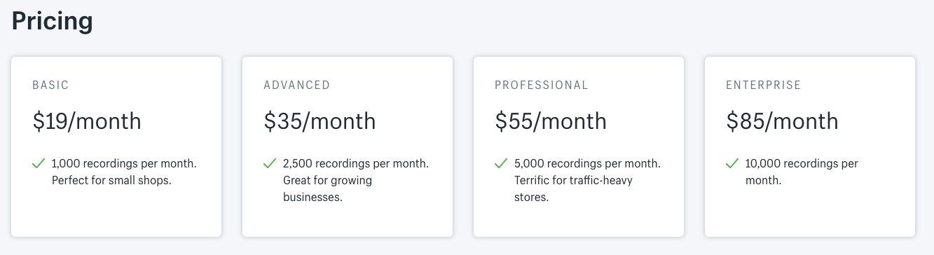 screenshot of the pricing and plans for Hindsight shopify heatmap app
