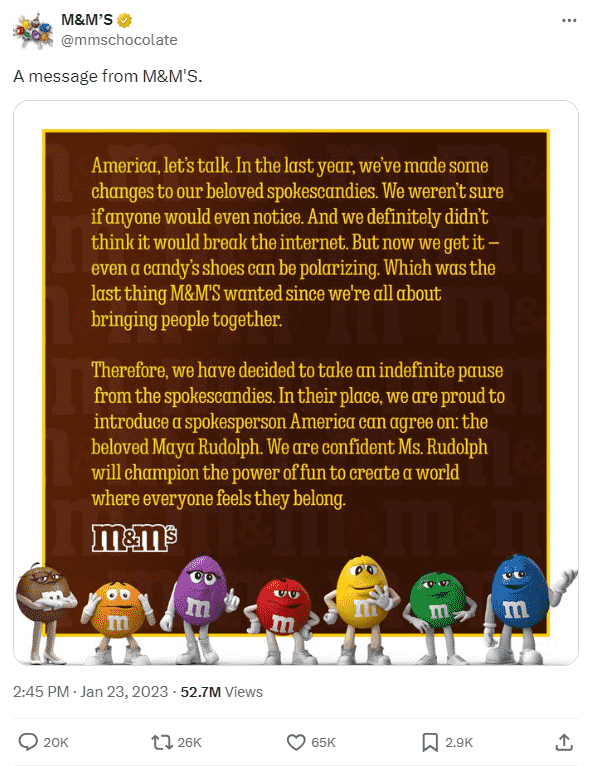 Oświadczenie M&M's na Twitterze (X)