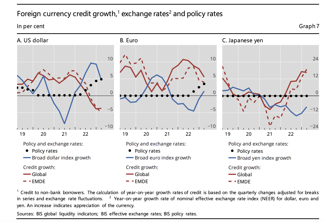 Foreign currency credit growth, exchange rates, and policy rates