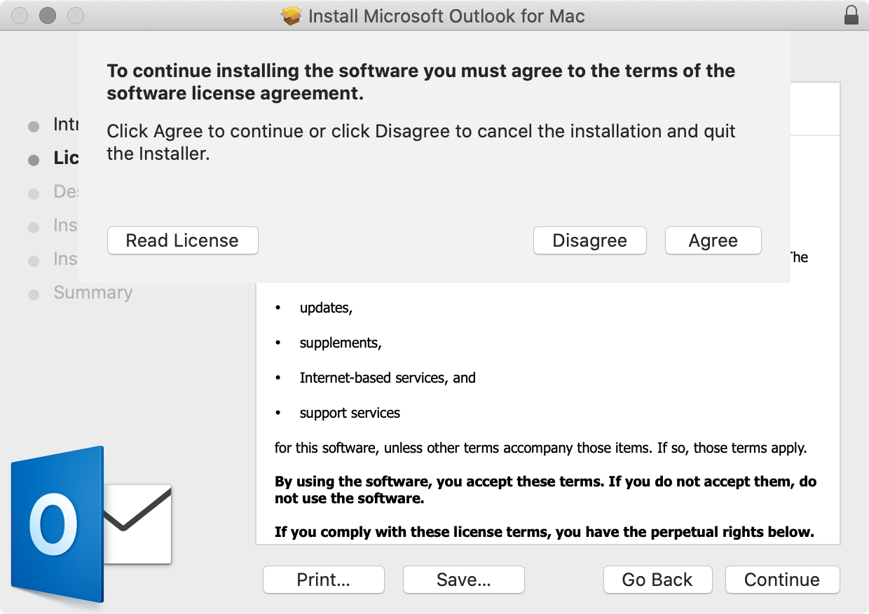 Ventana de acuerdo de licencia de software para Outlook en macOS