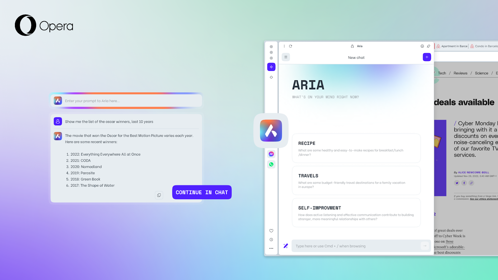 Aria's command Line update makes it possible to stay in the command line. Aria now answers to your queries in the command line itself. You can also click the continue in chat button to go to a normal chat with Aria.