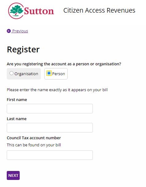 Image of register page. First name, last name and council tax account number.