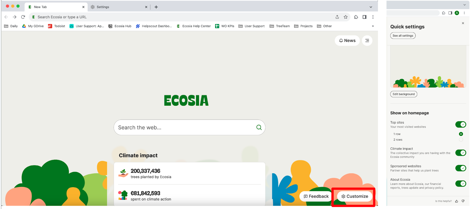 Ecosia browser homepage with Customization panel