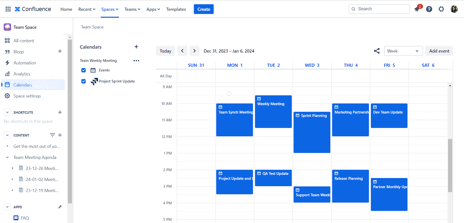 Confluence calendar to manage meetings