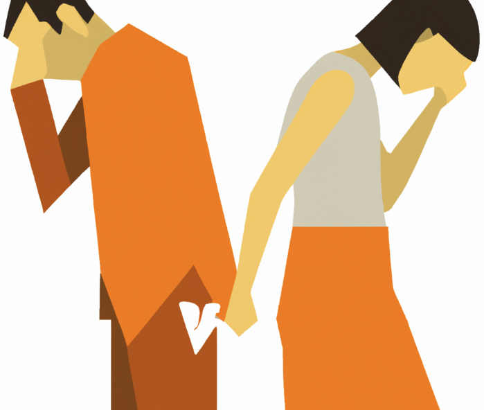 En illustrasjon som viser en mann og en kvinne som går hver sin vei, med et brutt hjerte i midten.