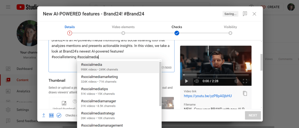 The hashtags suggested by YouTube after typing #socialmedia