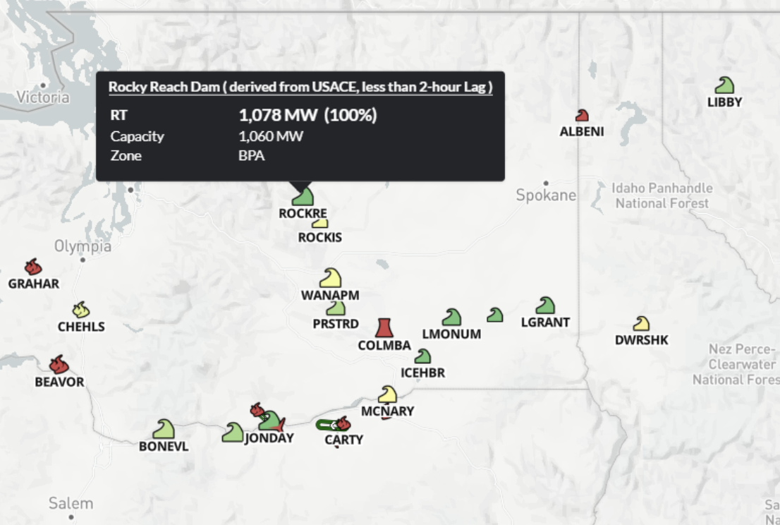 Live Power screen shot showing Rocky Reach dam