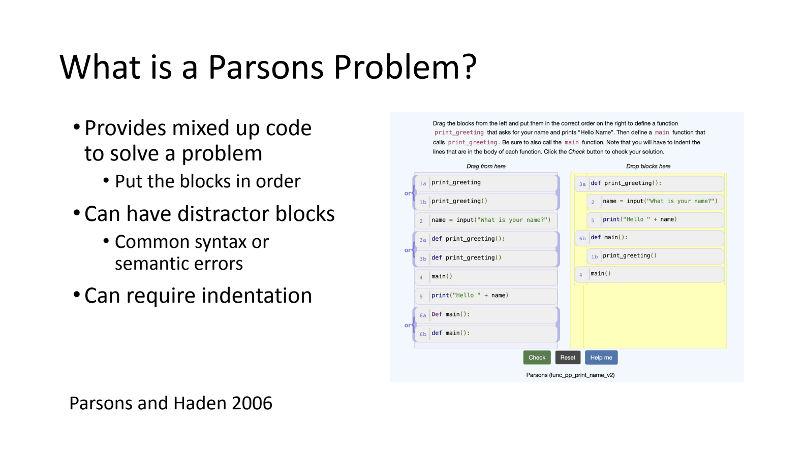 A presentation slide defining Parson's Problems.