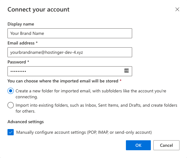 Rellenar los datos de correo electrónico de una cuenta en Outlook.com